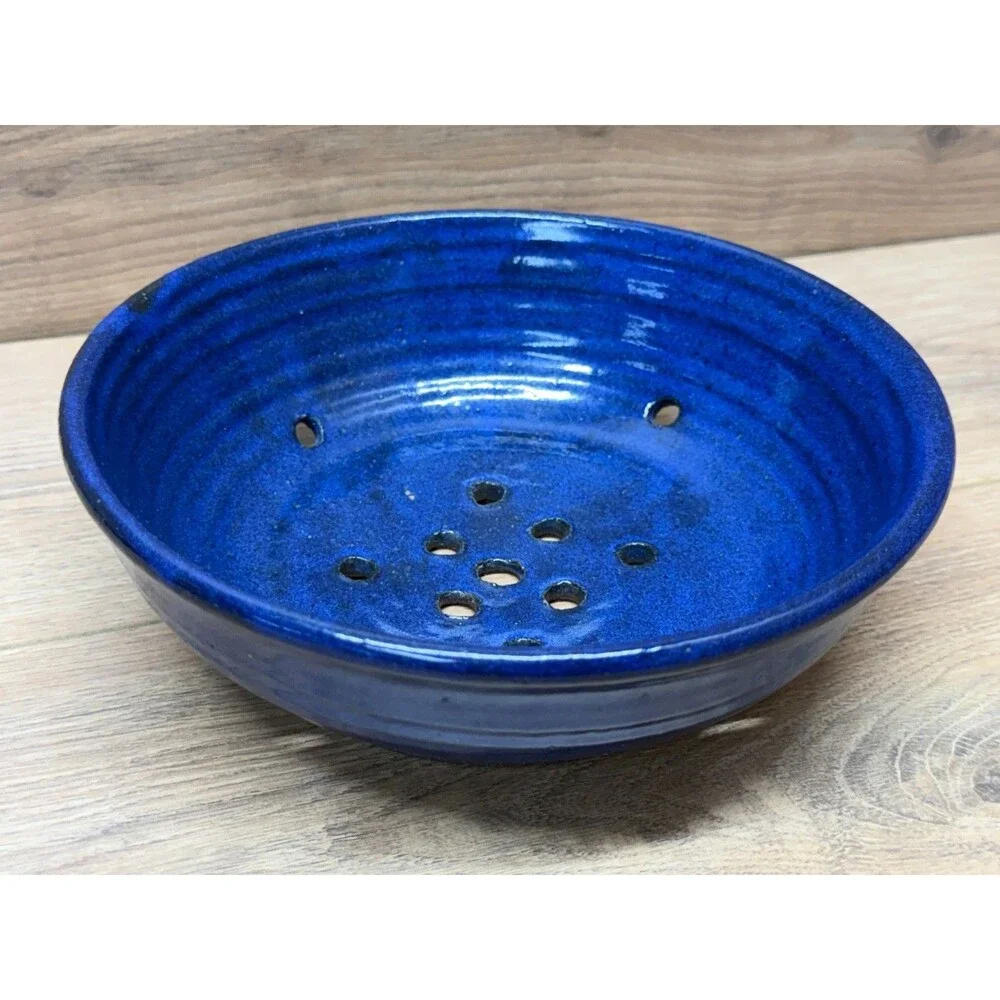 Artisan Cobalt Blue Berry Collander Strainer Handmade Thrown Pottery - Signed